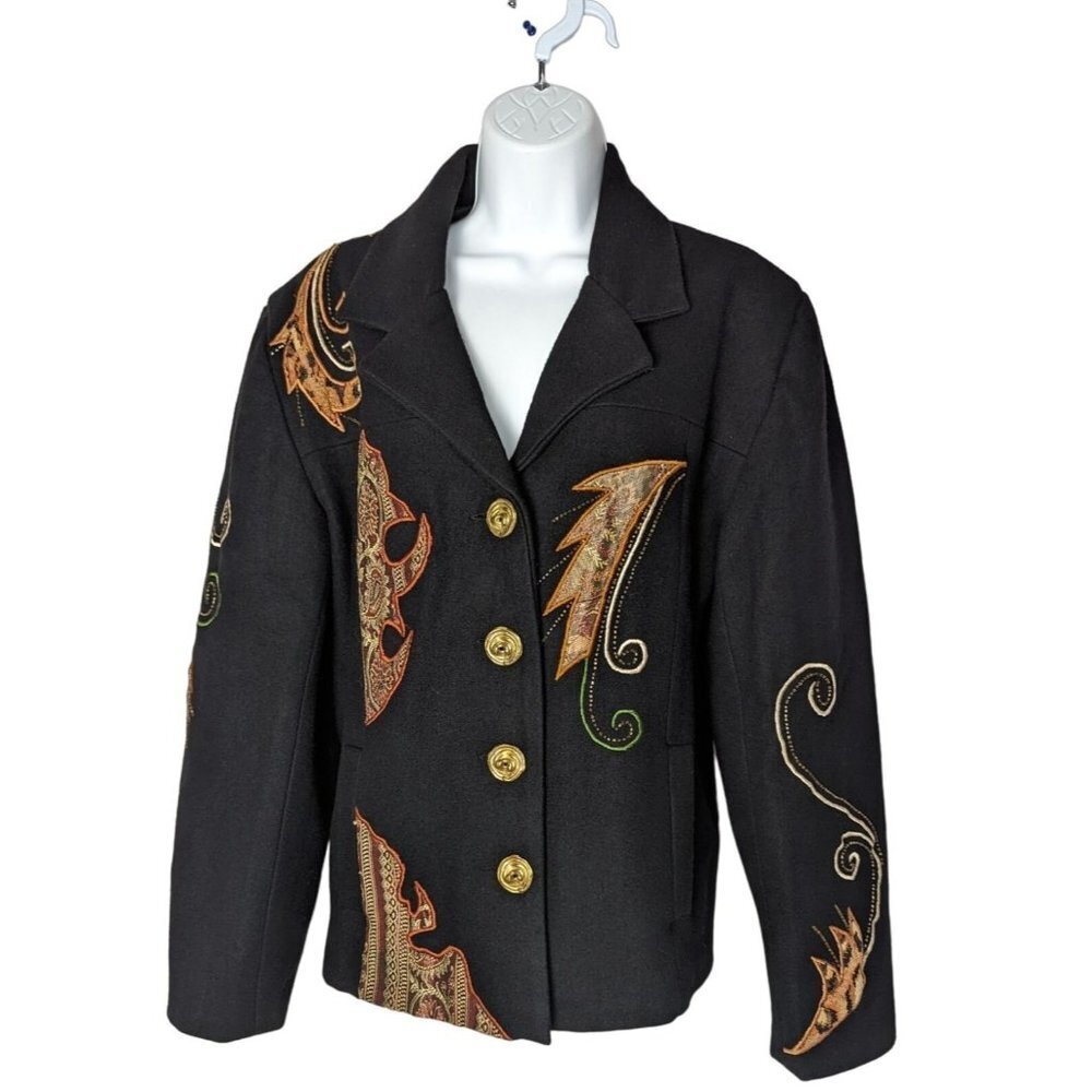 Alex Kim Black Coat Button up Wool Blend Embroidered Artsy Sequin Size XL